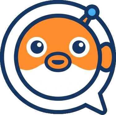 ぶちAIワークのマスコット、オレンジのふぐ
